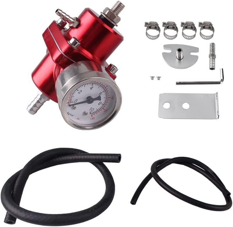 BARTOO Universal Adjustable Fuel Pressure Regulator Kit, Aluminum Fuel Regulator,Adjustable Gas Oil Injection Pressure Regulator with 0-140 PSI Gauge -Red - Image 1